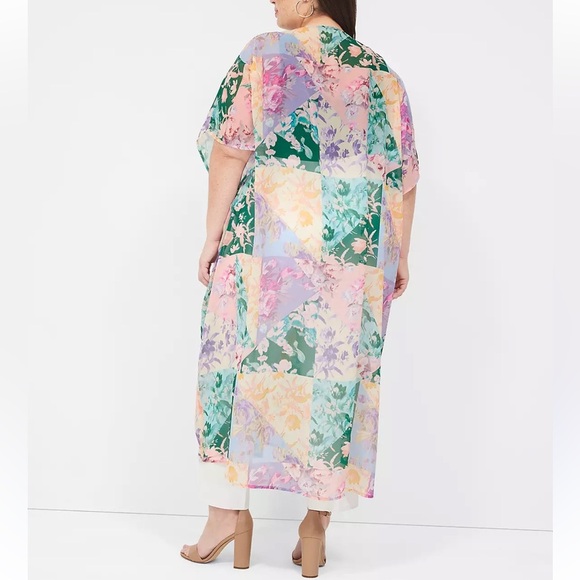Lane Bryant boho open front green pink sheer patchwork floral maxi kimono duster - Picture 2 of 16